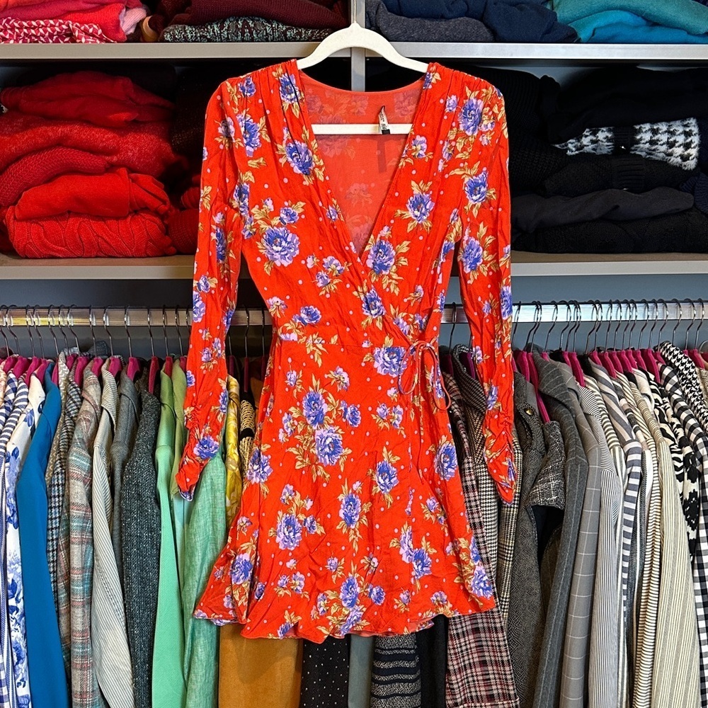 Zara red/blue floral long ruched sleeve mini wrap dress size XS